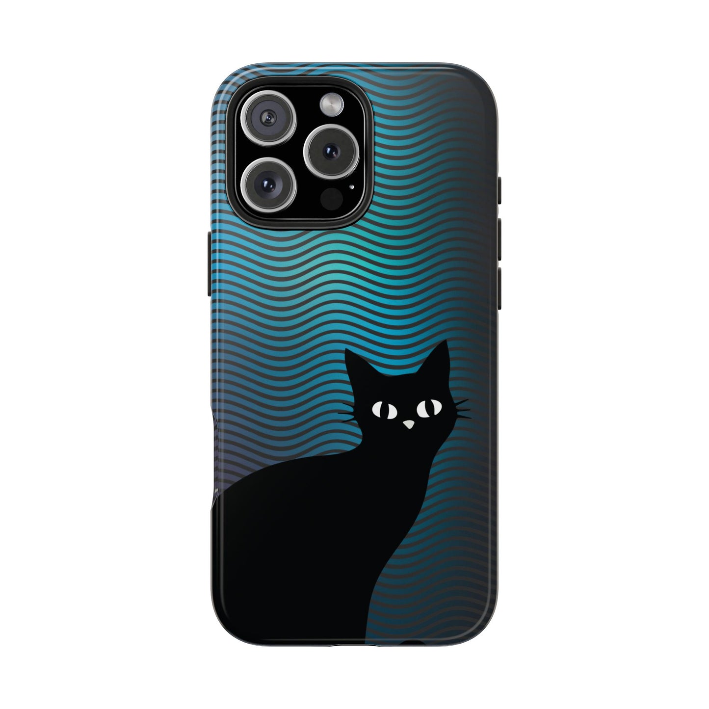 Black Cat Cell Phone Case | Peeking Kitty Graphic on Wavy Teal Background