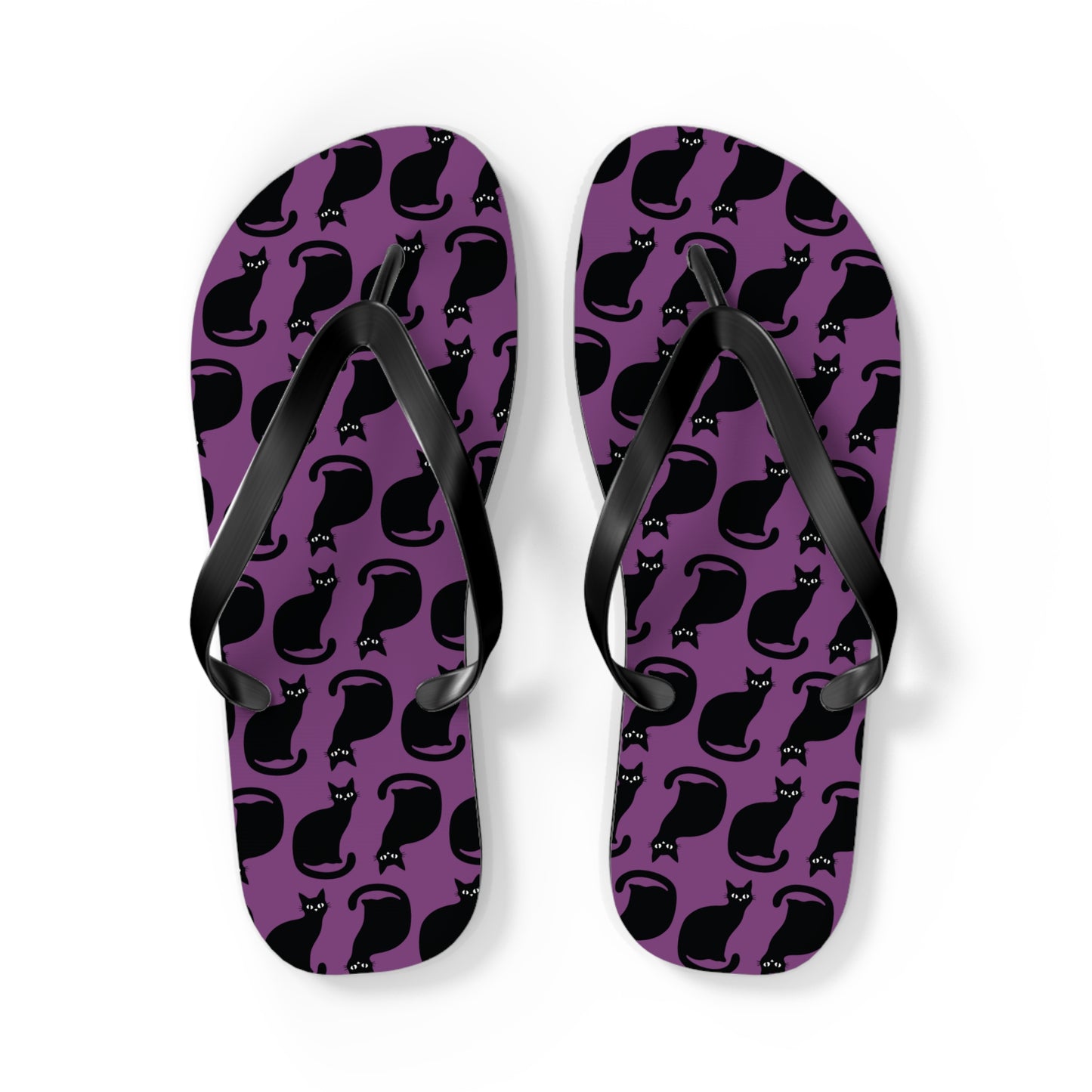Black Cat Pattern Flip Flops | PurpleGoth Cat Silhouette Beach Sandals, Halloween Spooky Gothic Summer Footwear