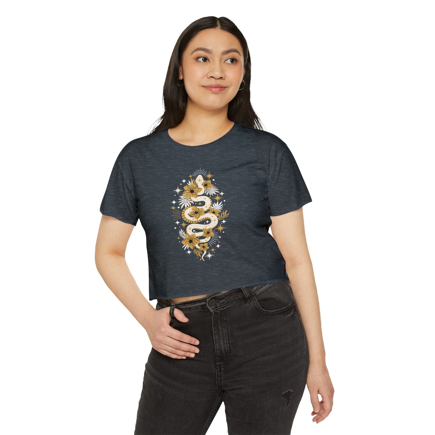 Mystic Golden Snake Women's Boho Crop Top, Festival T-shirt, Bohemian Serpent Shirt, Hippie Tee, Occult Cropped Shirt, Festival Clothing