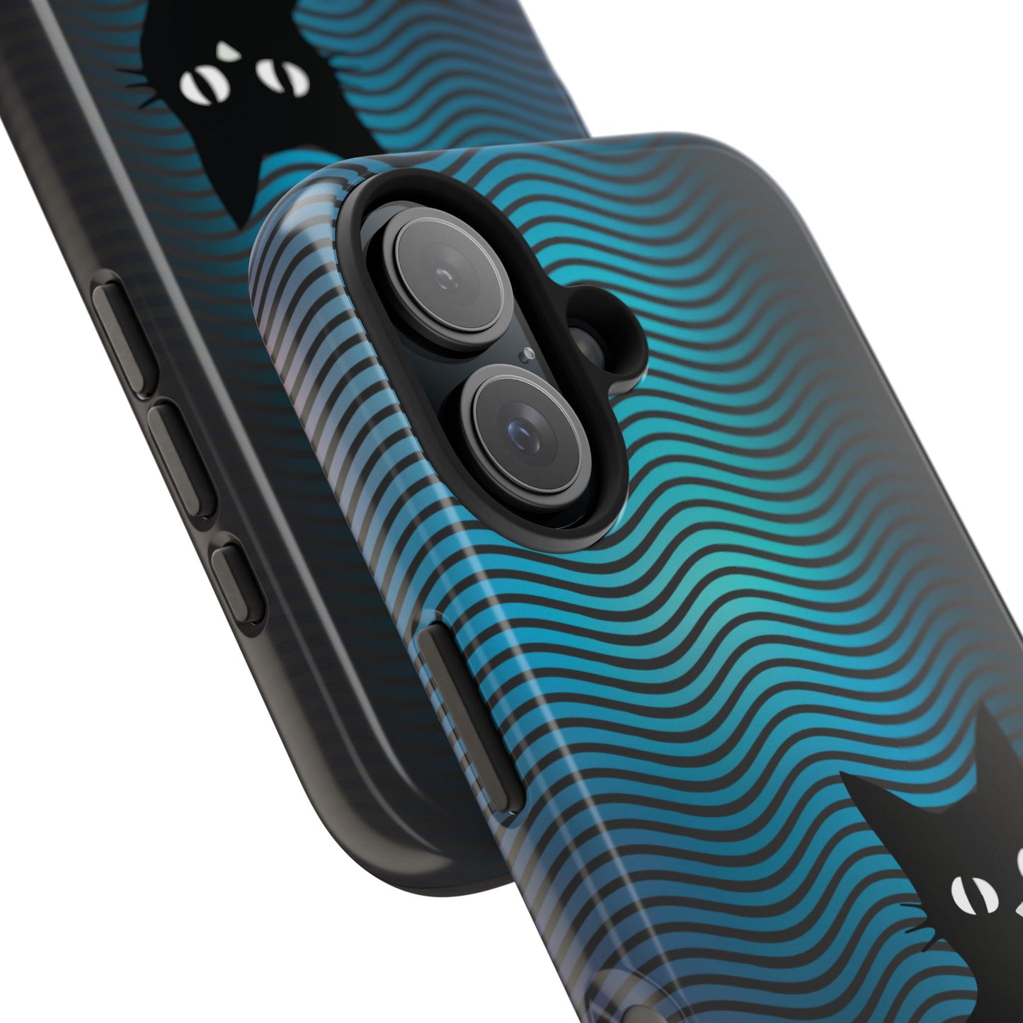 Black Cat Cell Phone Case | Peeking Kitty Graphic on Wavy Teal Background