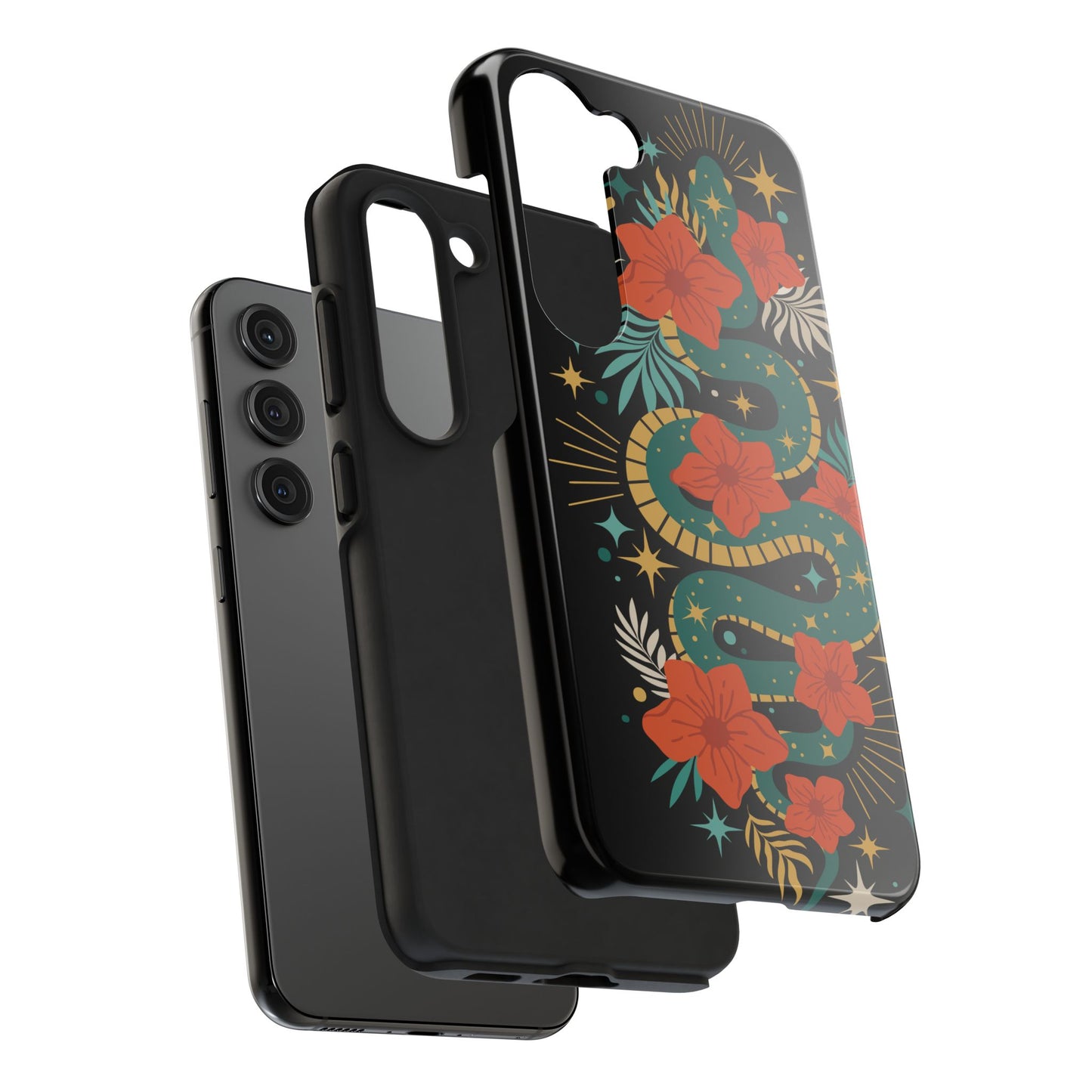 Mystic Snake Cell Phone Case, Black Tough Phone Cases Boho Serpent Snakes Floral Design