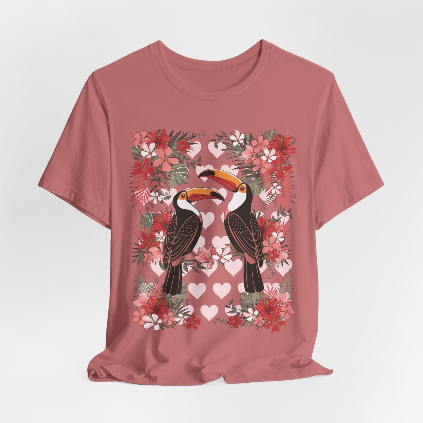 Toucan Tropical Love Birds T-shirt, Casual Summer Shirt, Gift for Bird Lovers, Vacation Wear, Floral Nature Inspired Tee