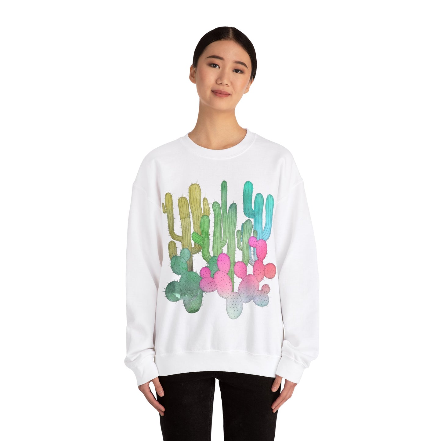 Cactus Garden Arizona Desert Crewneck Pullover Sweatshirt Colorful Saguaro Cactus Print