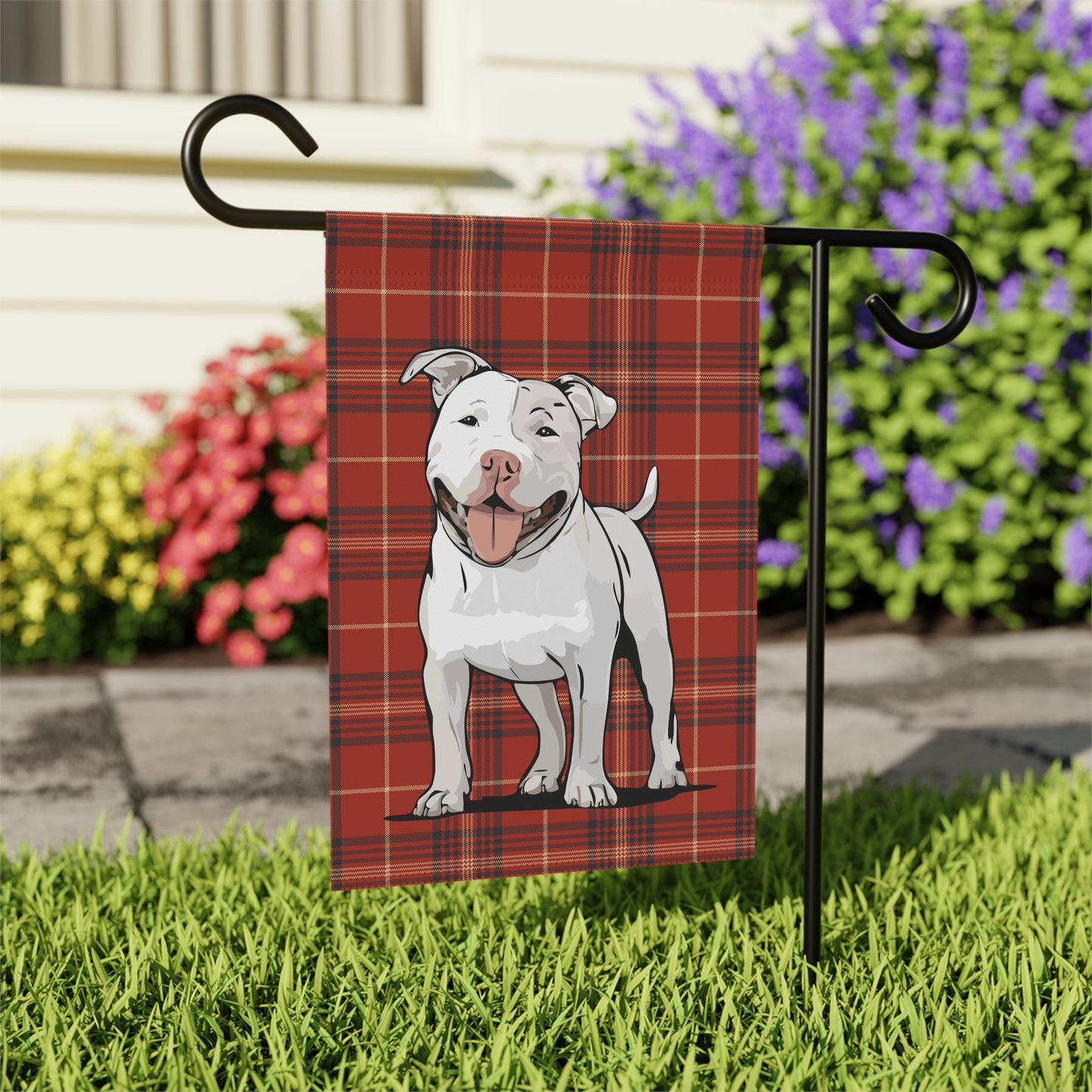 White Pit Bull Terrier Dog Red Plaid Outdoor Garden Banner Flag, Pitbull Christmas Holiday Yard Decorations