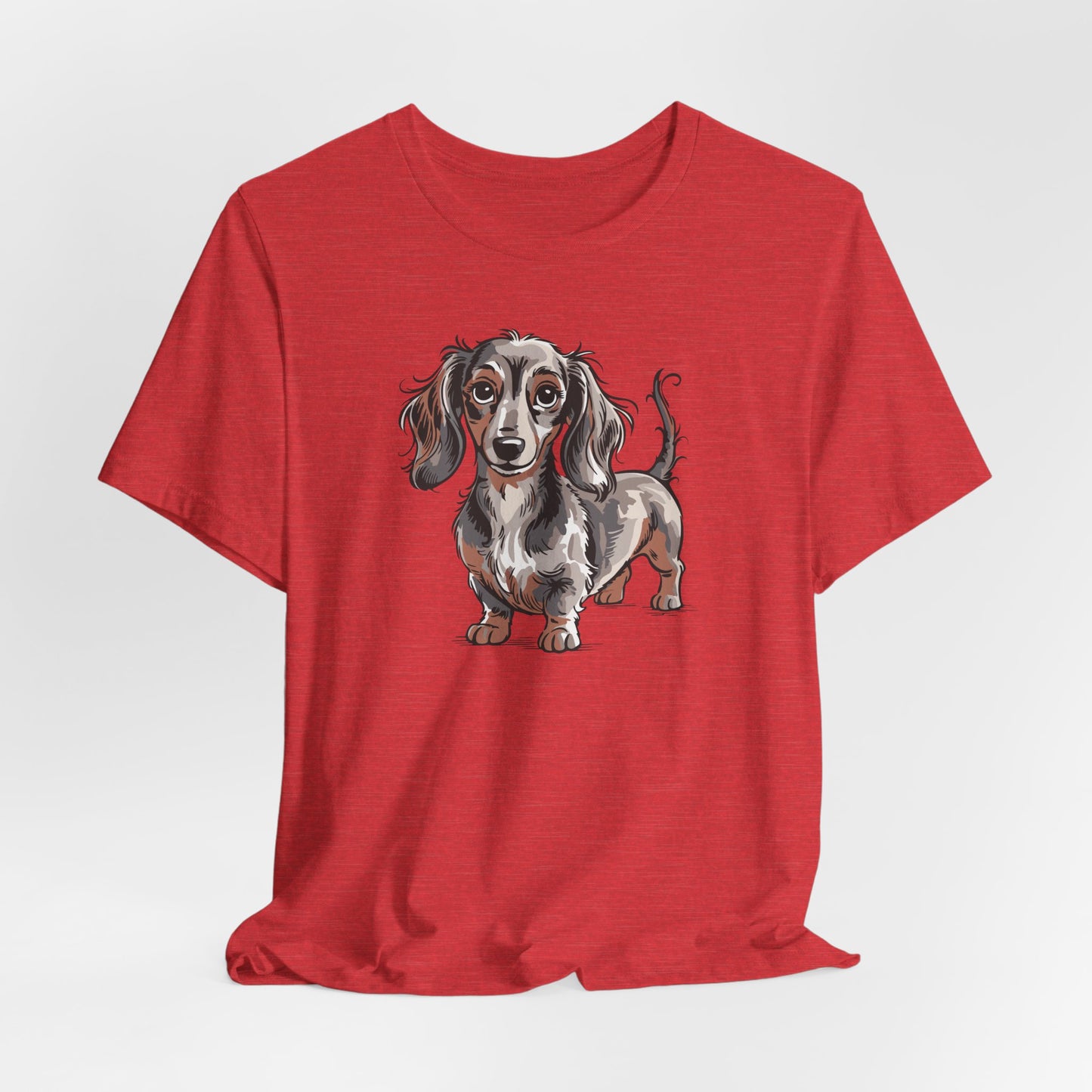 Long Haired Dachshund Dog Illustration T-shirt | Cute Wiener Dogs Tee, 100% Cotton Short Sleeve Shirts