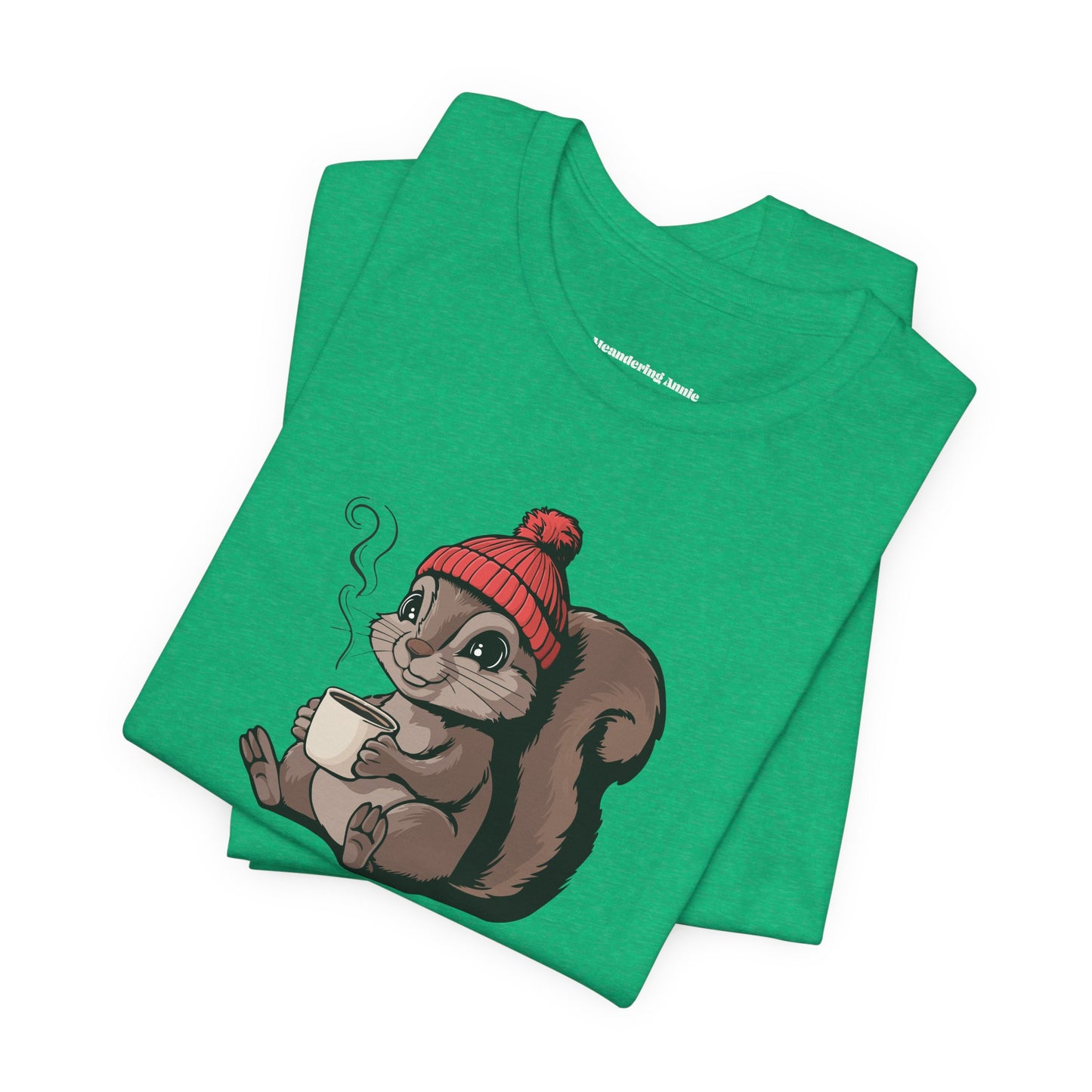 Cozy Squirrel with Coffee T-Shirt | Cute Fall Squirrels Woodland Animal Tee, Short Sleeve Graphic Print Shirts