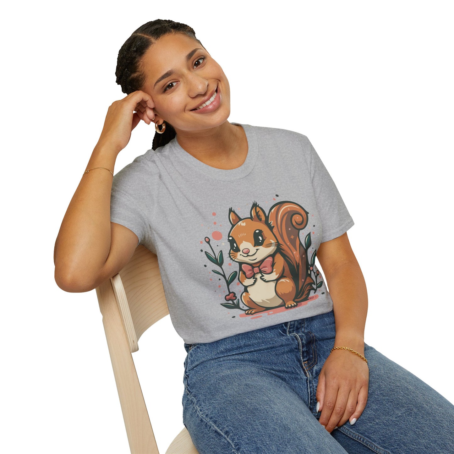 Woodland Squirrel Soft Style T-Shirt - Cute Squirrel with Bowtie and Flowers on Soft Unisex Tee