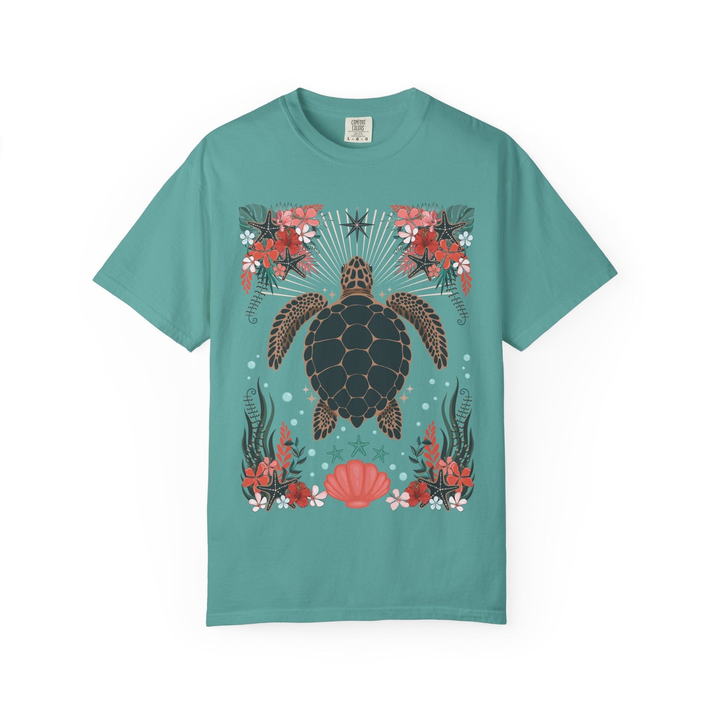 Sea Turtle Floral T-Shirt - Hawaii Coastal Ocean Turtles Tropical Flowers Coral Starfish and Shells Graphic Tee