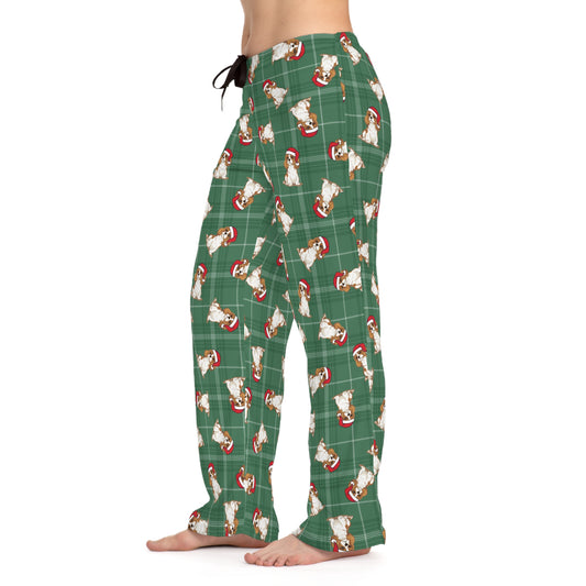 Blenheim Cavalier King Charles Spaniel Dog Womens Christmas Green Plaid Pajama Pants, Santa Dogs PJ Bottoms