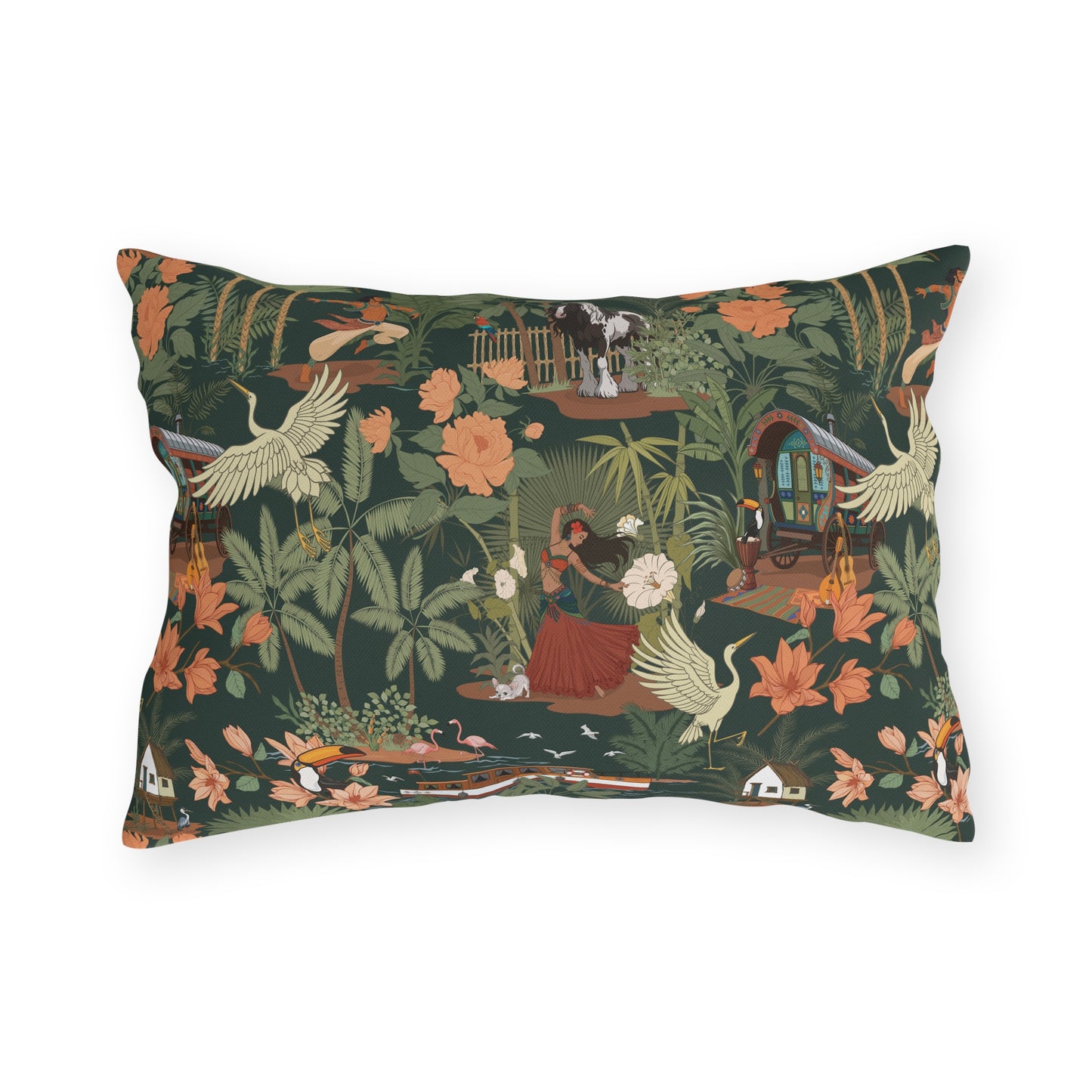 Tropical Nomad Jungle Scene Outdoor Pillows | Vintage Bird Boat Floral Pattern Patio Deck Throw Pillow