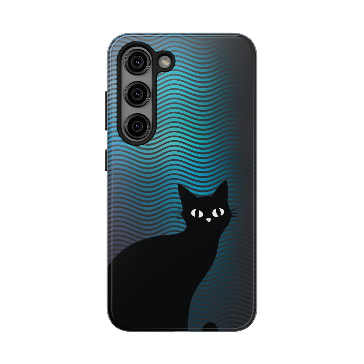 Black Cat Cell Phone Case | Peeking Kitty Graphic on Wavy Teal Background