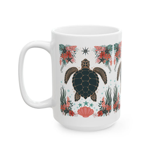 Tropical Sea Turtle Illustration Mug | Hawaiian Floral Marine Life Ceramic Coffee Mugs 15oz, Starfish, Coral, Shells, Flowers