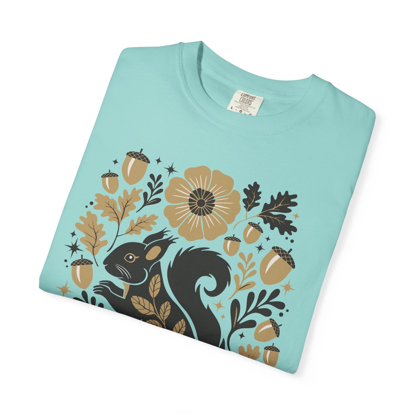 Woodland Squirrel Illustration T-shirt | Floral Acorn Nature Design Squirrels Tee, 100% Cotton Short Sleeve Shirts