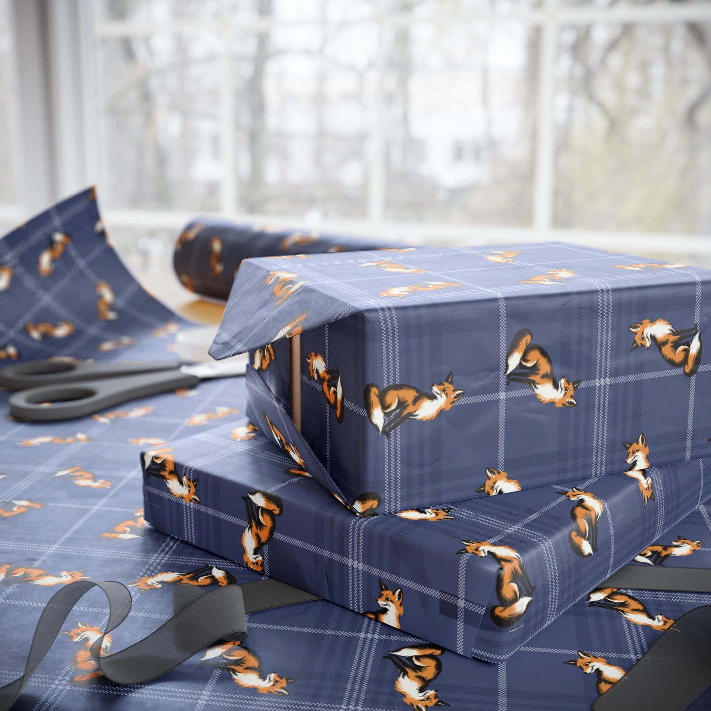 Fox Pattern Wrapping Paper, Foxes Blue Plaid Gift Wrap Roll, Woodland Animal Holiday, Birthday, Christmas, Anniversary Matte Finish