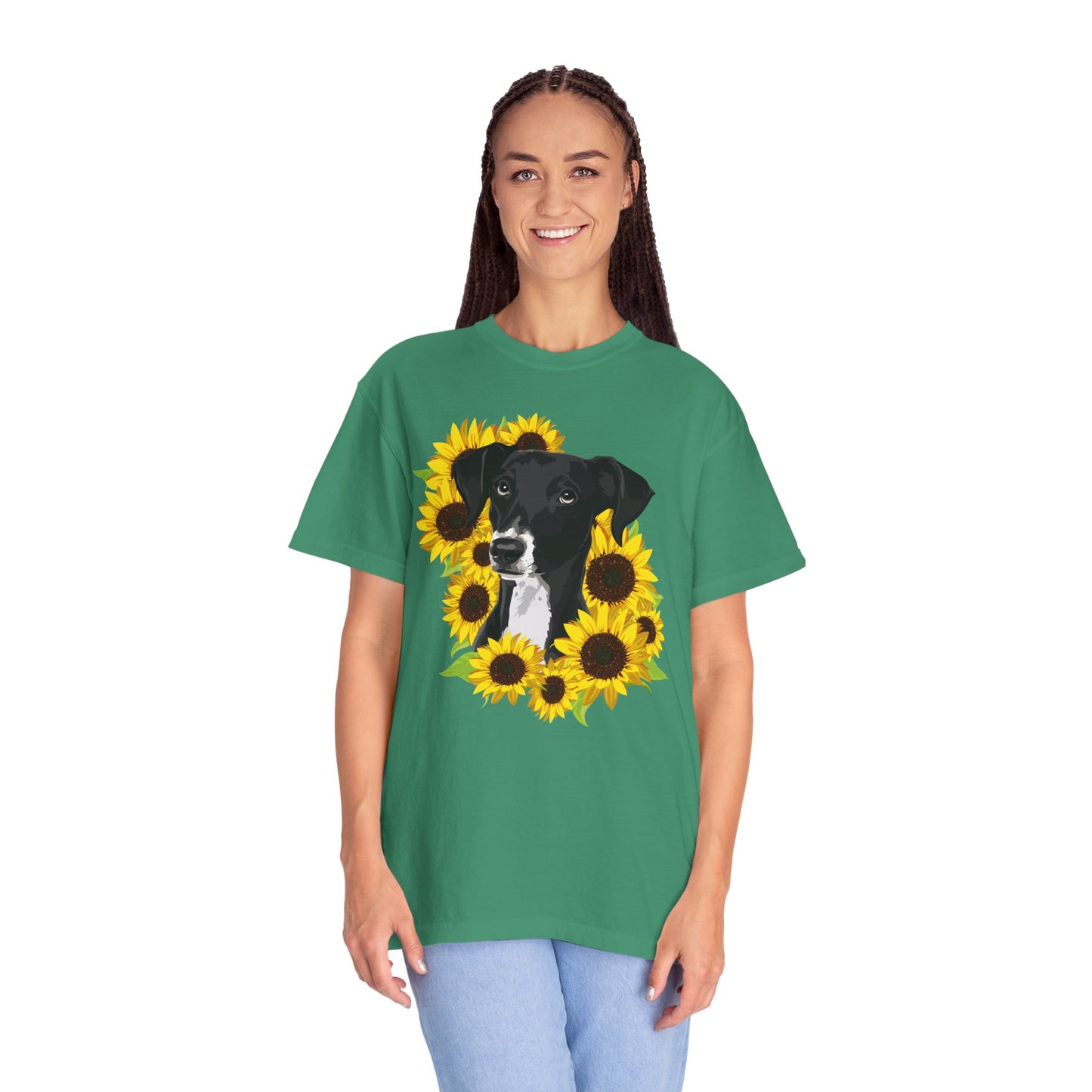 Marley Dog in Sunflowers Garment-Dyed T-shirt with Black Lab and Sunflower Art Print