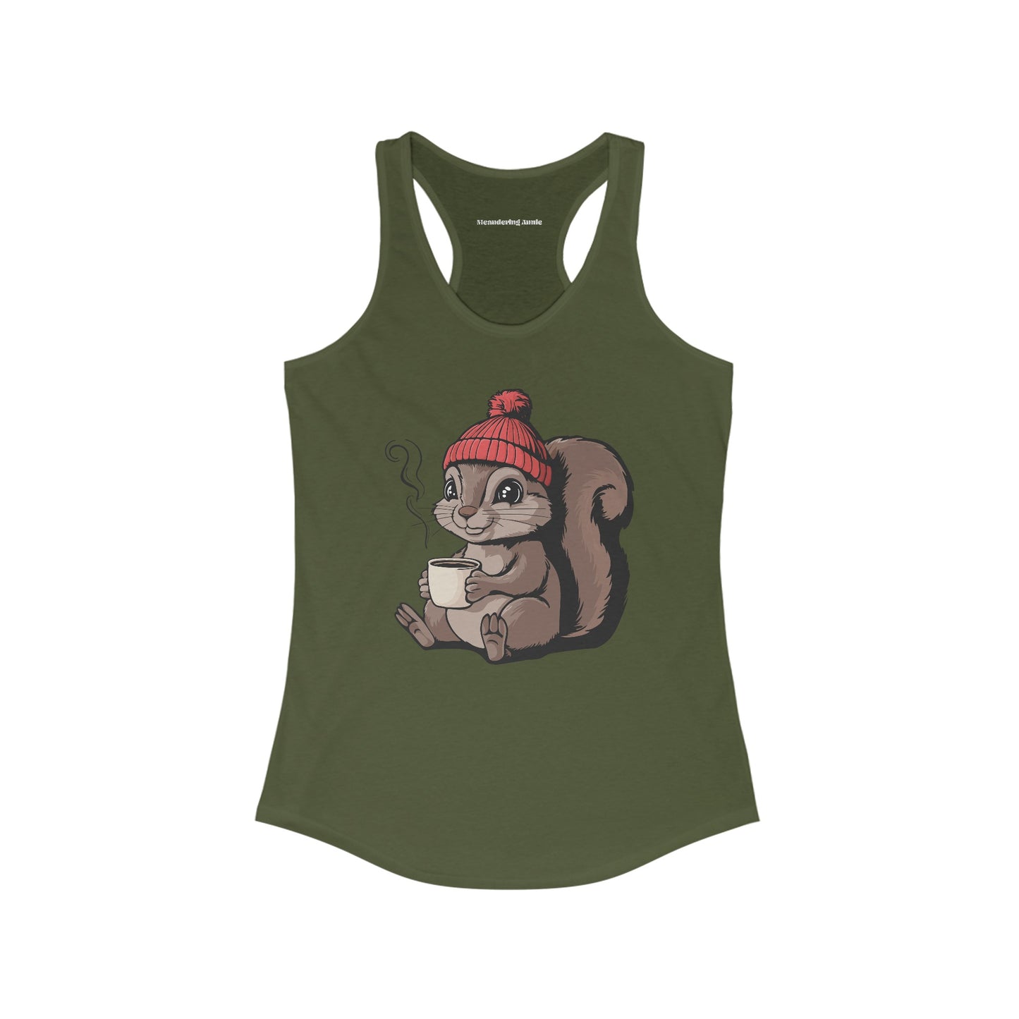 Cozy Squirrel Women's Racerback Tank Top with Squirrel in Beanie with Cup Of Coffee Graphic Print