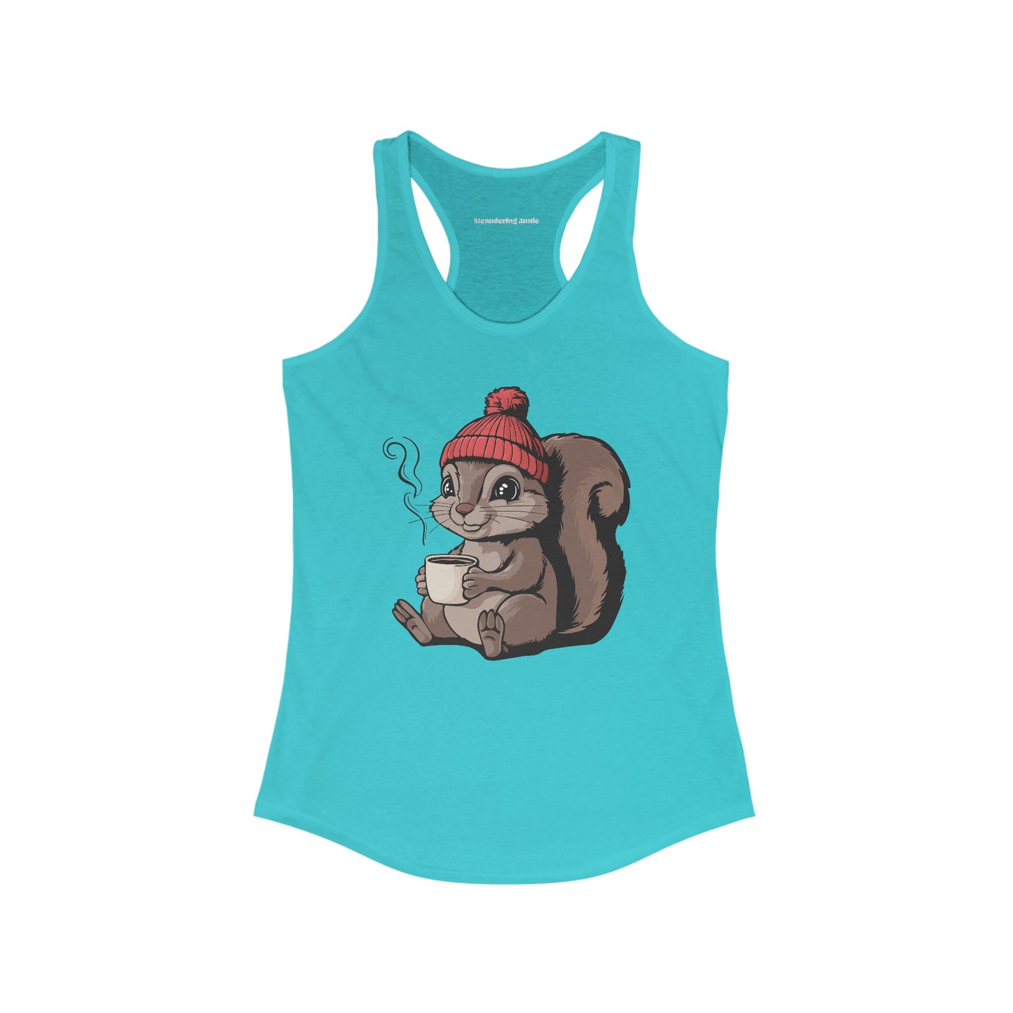 Cozy Squirrel Women's Racerback Tank Top with Squirrel in Beanie with Cup Of Coffee Graphic Print