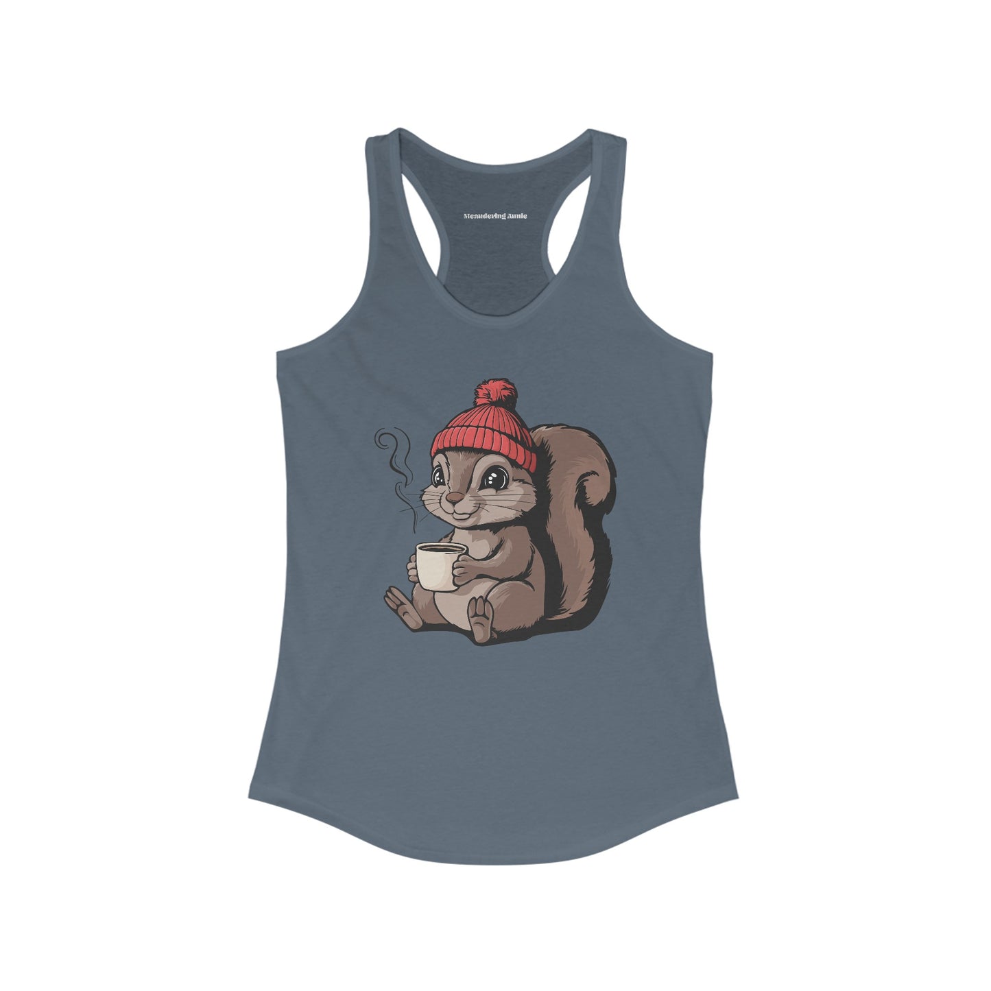 Cozy Squirrel Women's Racerback Tank Top with Squirrel in Beanie with Cup Of Coffee Graphic Print