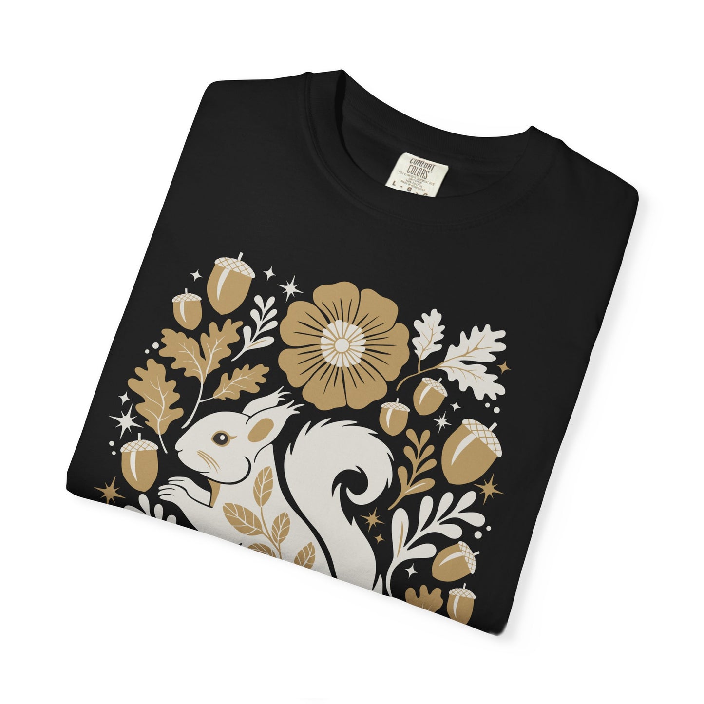 Woodland Squirrel Illustration T-shirt | Floral Acorn Oak Leaf Nature Design Squirrels Tee, 100% Cotton Short Sleeve Shirts