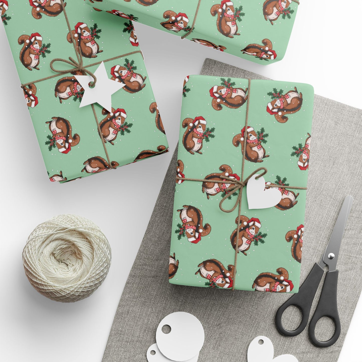 Squirrel Christmas Wrapping Paper, Festive Squirrels Print, Cheery Sage Green Holiday Gift Wrap With Snowy Xmas Squirrel In Santa Hat