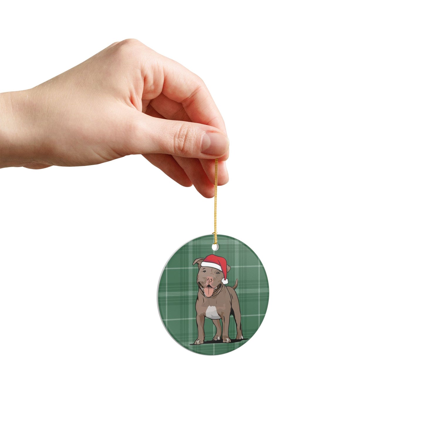 Santa Pit Bull Dog Christmas Tree Ornament, Xmas Pitbull Dogs Holiday Decorations, Pet Lover Gift, Green Plaid Ceramic Ornaments