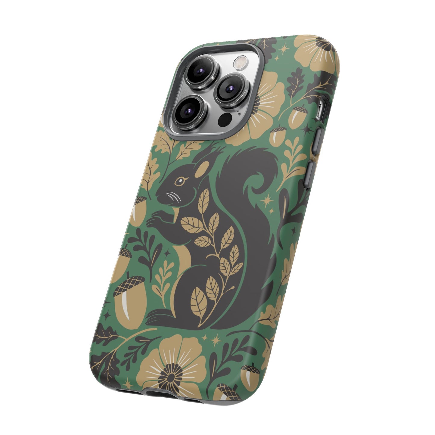 Green Squirrel Floral Pattern Cell Phone Case | Botanical Folk Art Acorn Leaves Design, Iphone Google Pixel Samsung Cases Matte Finish