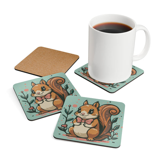 Woodland Squirrel 4 Pack Coasters Corkwood Coaster Set with Cute Squirrel Design