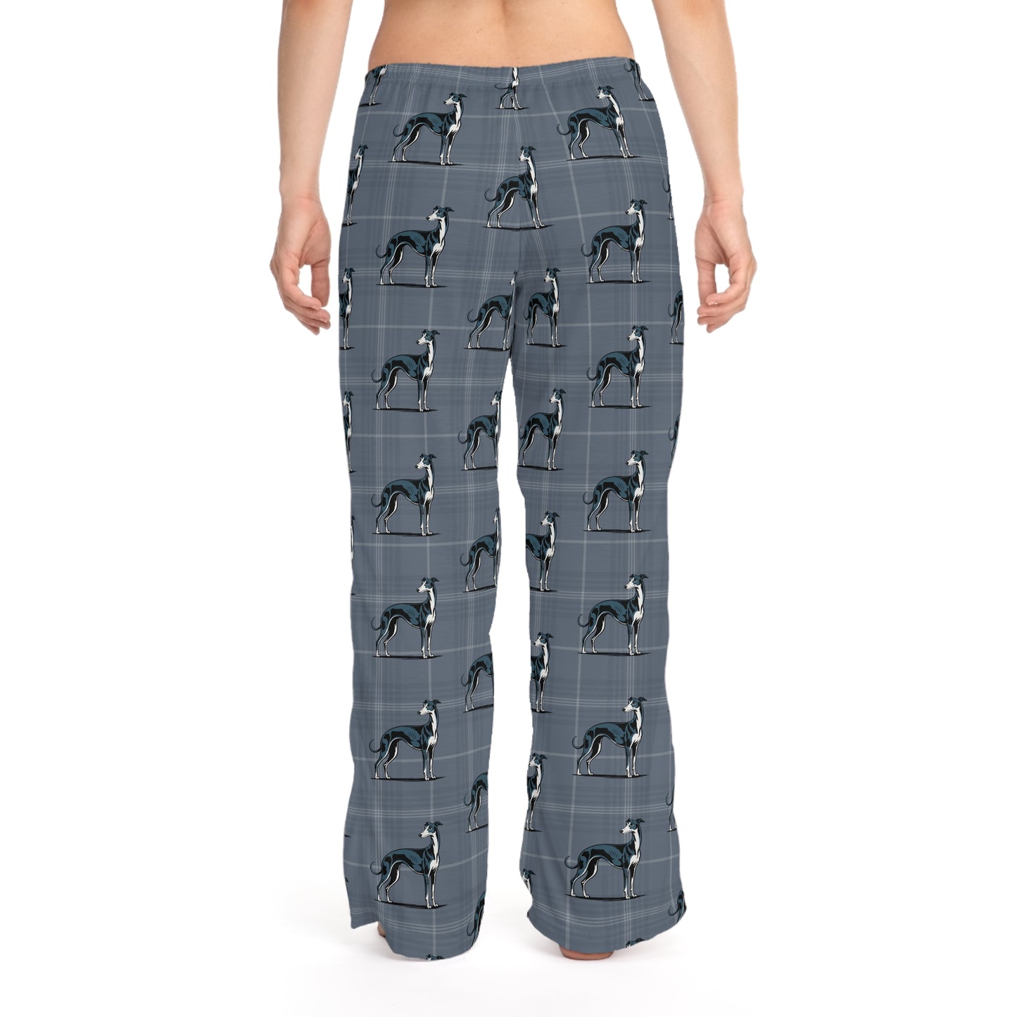 Greyhound Dogs Pajama Pants | Women's Blue-Grey Plaid Dog Print Lounge Pajamas PJ Bottoms, Loungewear Sleepwear