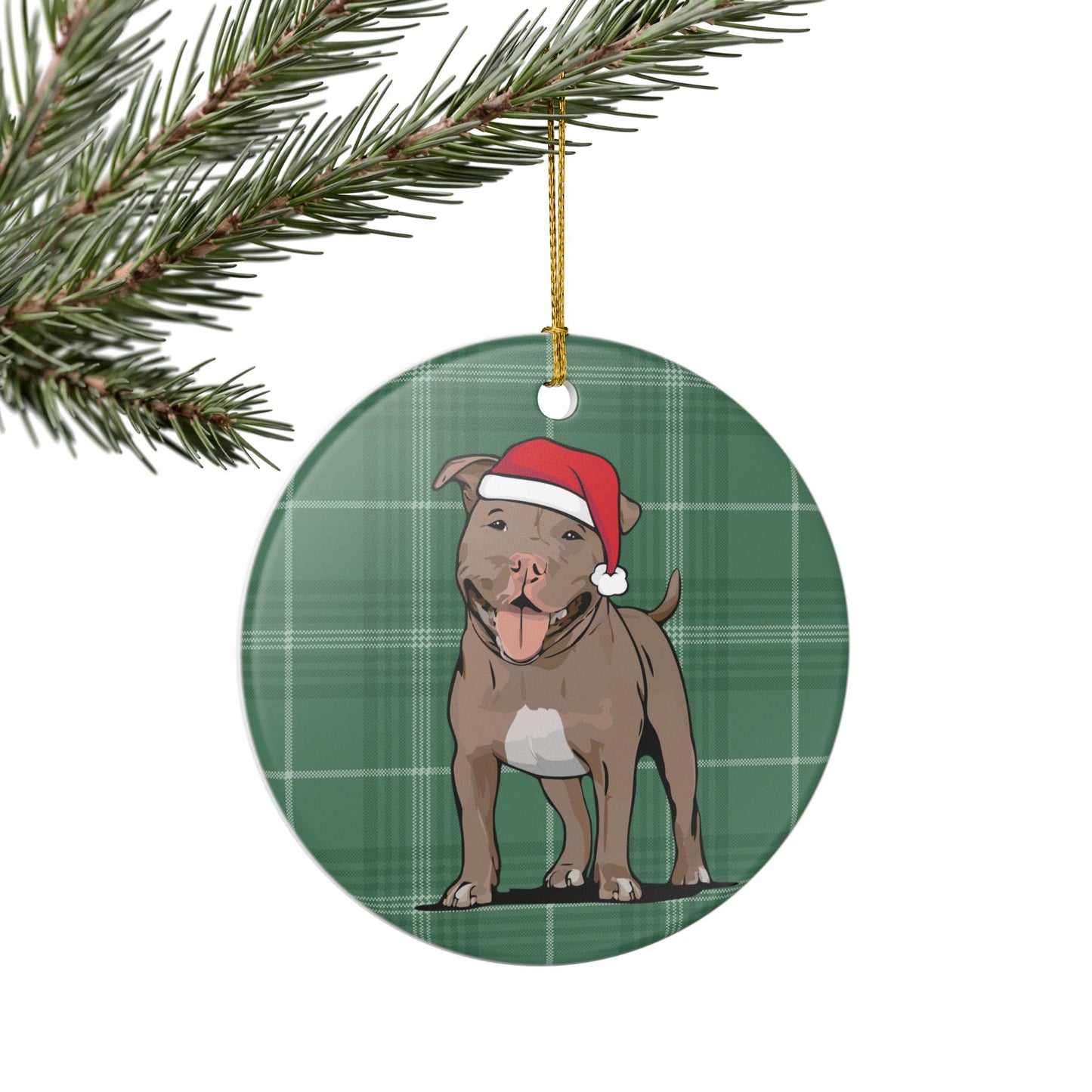 Santa Pit Bull Dog Christmas Tree Ornament, Xmas Pitbull Dogs Holiday Decorations, Pet Lover Gift, Green Plaid Ceramic Ornaments