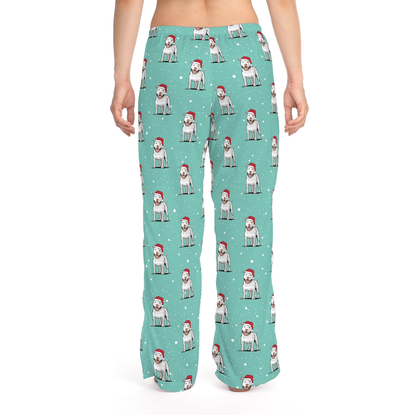 Snowy Pit Bull Dog  Women's Christmas Pajama Pants, Santa Pitbull Dogs PJ Bottoms, Cozy Winter Loungewear, Matching Holiday Sleepwear