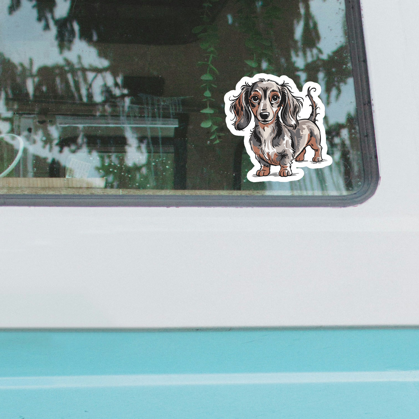 4" Long Haired Dachshund Dog Sticker - Gray & Brown Wiener Dogs Dachshunds Waterproof Vinyl Decal Stickers Long Coat Puppy