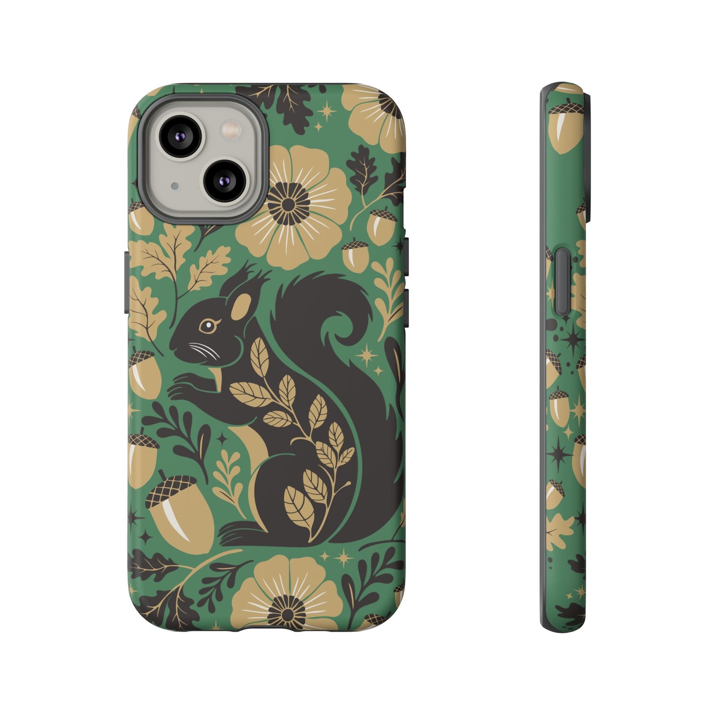Green Squirrel Floral Pattern Cell Phone Case | Botanical Folk Art Acorn Leaves Design, Iphone Google Pixel Samsung Cases Matte Finish