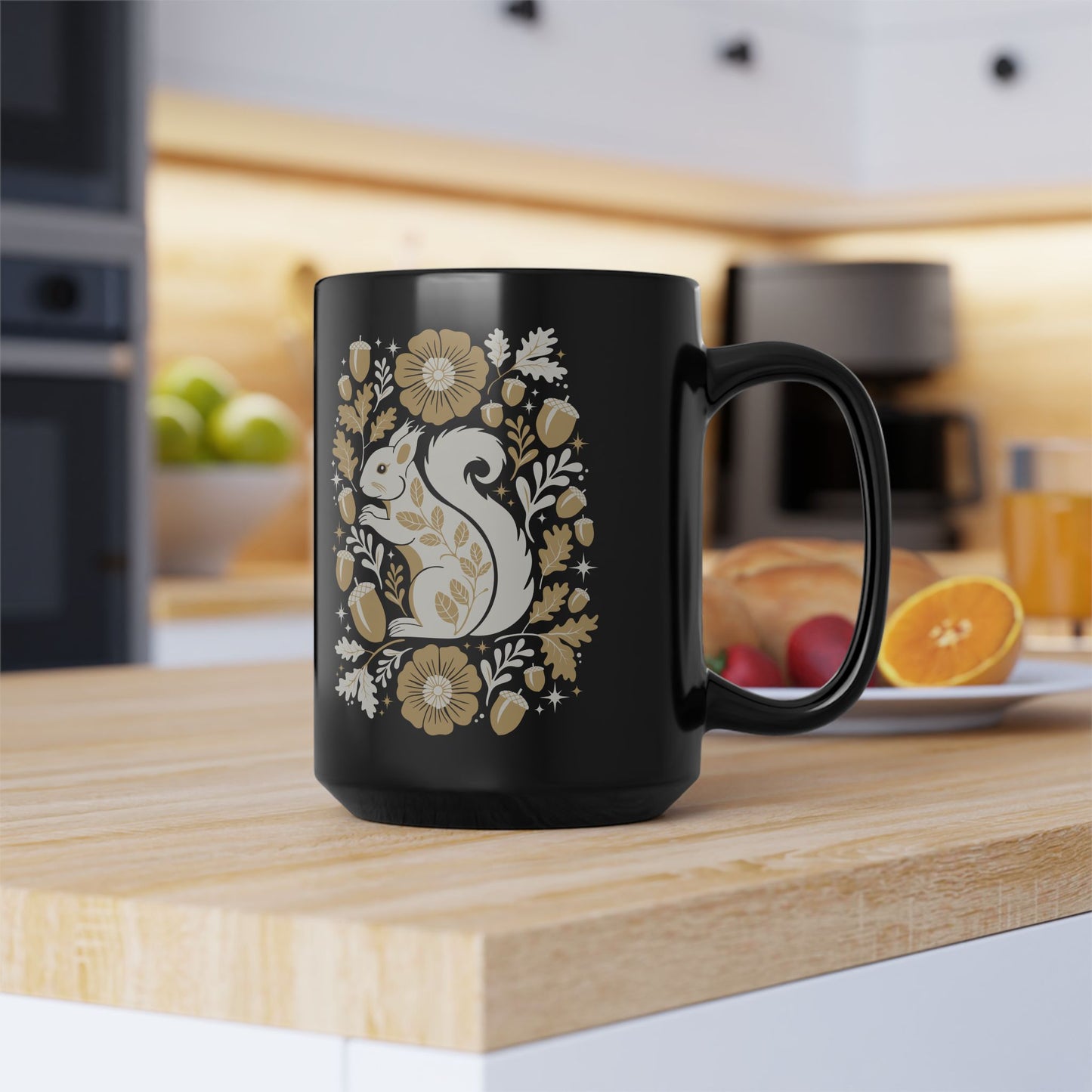 Floral Folk Art Squirrel Mug | 15 Oz Black Ceramic Coffee Cup Woodland Squirrels with Acorns, Leaves, & Flowers, Nature Mugs