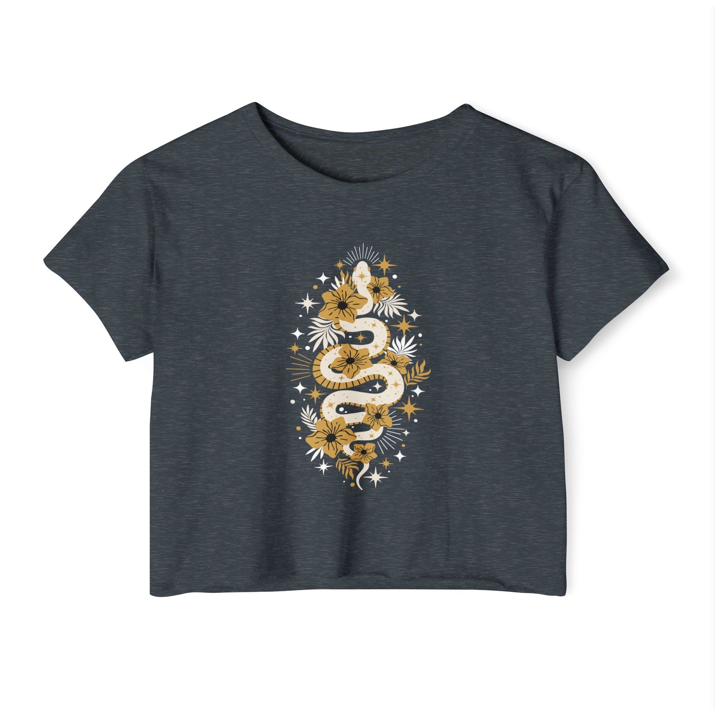 Mystic Golden Snake Women's Boho Crop Top, Festival T-shirt, Bohemian Serpent Shirt, Hippie Tee, Occult Cropped Shirt, Festival Clothing