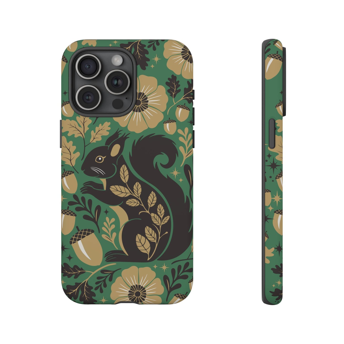Green Squirrel Floral Pattern Cell Phone Case | Botanical Folk Art Acorn Leaves Design, Iphone Google Pixel Samsung Cases Matte Finish