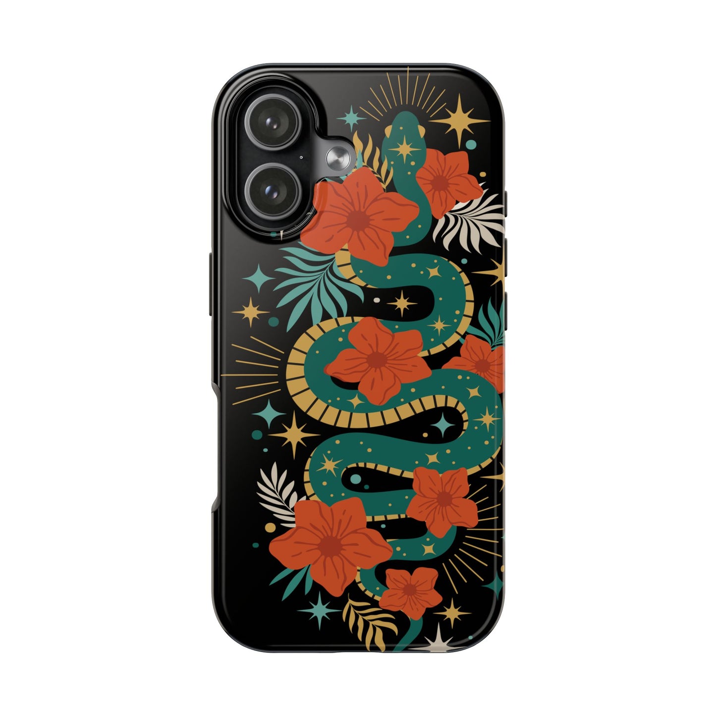 Mystic Snake Cell Phone Case, Black Tough Phone Cases Boho Serpent Snakes Floral Design