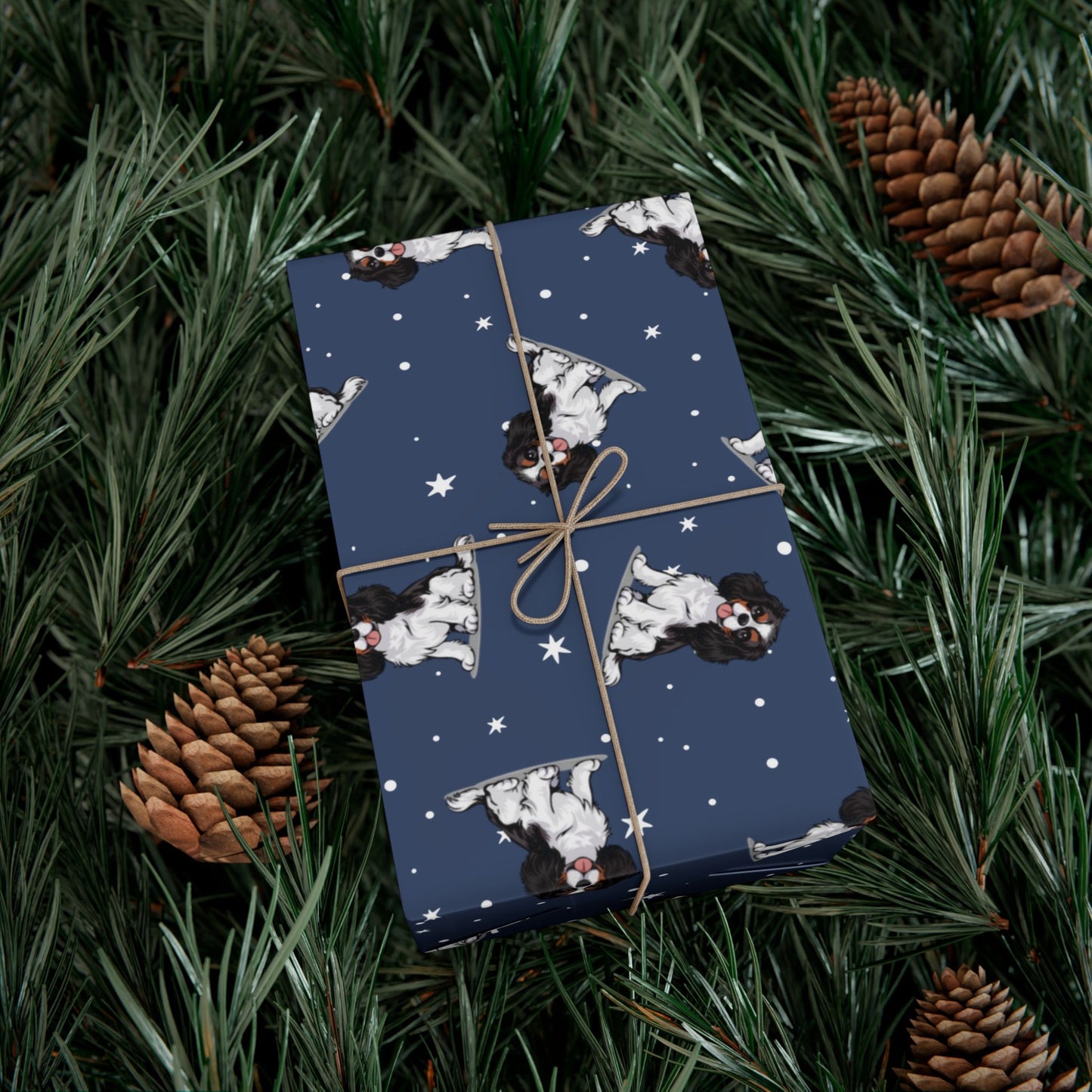 Tricolor Cavalier King Charles Spaniel Dog Wrapping Paper, Puppy Dogs Print, Navy Blue Gift Wrap, Birthday Anniversary Holiday