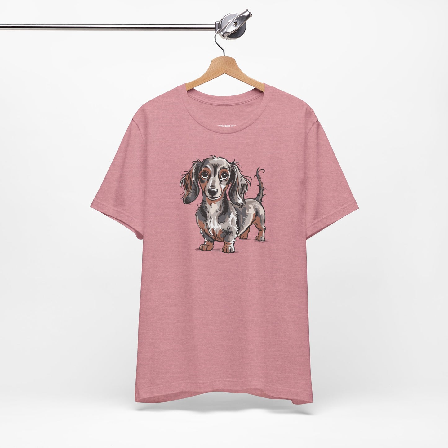 Long Haired Dachshund Dog Illustration T-shirt | Cute Wiener Dogs Tee, 100% Cotton Short Sleeve Shirts