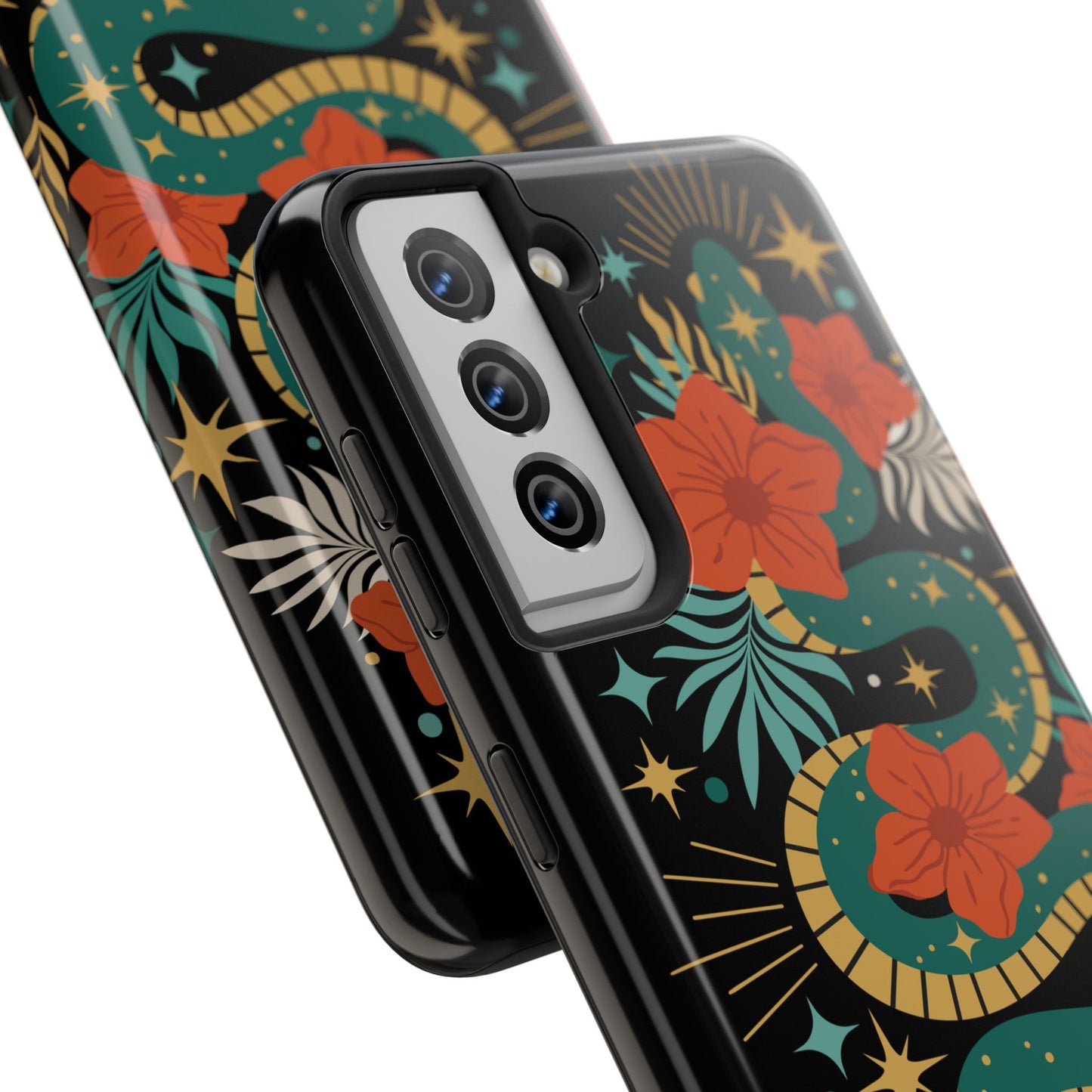Mystic Snake Cell Phone Case, Black Tough Phone Cases Boho Serpent Snakes Floral Design