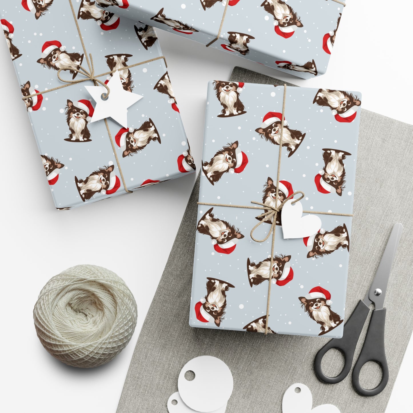 Long Haired Chihuahua Dog Christmas Wrapping Paper, Dogs Print, Cheery Holiday Gift Wrap With Snowy Xmas Puppy In Santa Hat