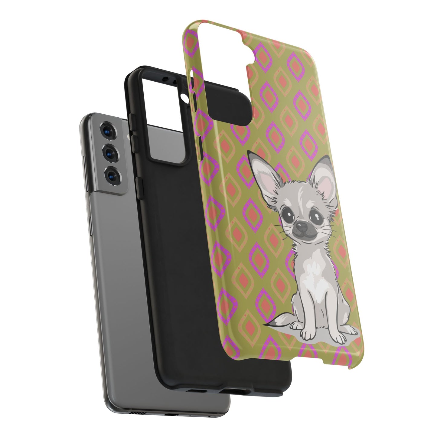 White Chihuahua Puppy Dog Phone Case, Tough Phone Cases Pet Dogs Retro Green  Pattern