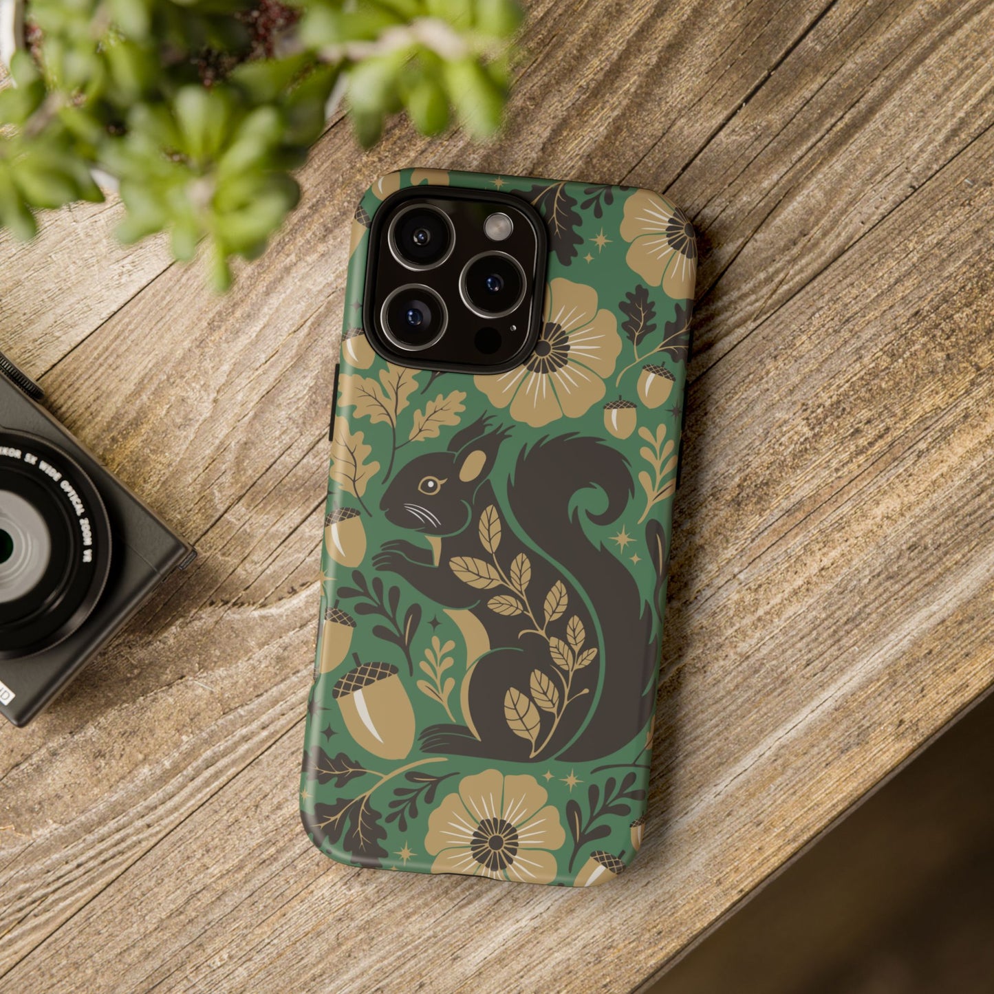Green Squirrel Floral Pattern Cell Phone Case | Botanical Folk Art Acorn Leaves Design, Iphone Google Pixel Samsung Cases Matte Finish
