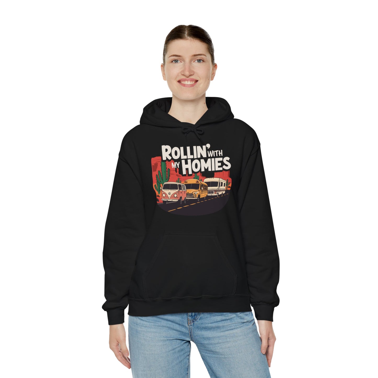 Rollin' With My Homies Hoodie Van Skoolie RV Vanlife Caravan in the Desert Black Long Sleeve Pullover Hoodies Hooded Sweatshirt