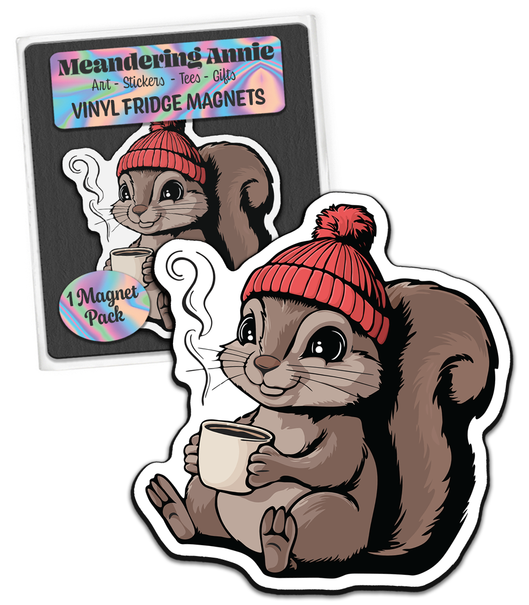 Cozy Squirrel Magnet - 3" Vinyl Fridge Magnets Indoor Outdoor Squirrels Fall Autumn