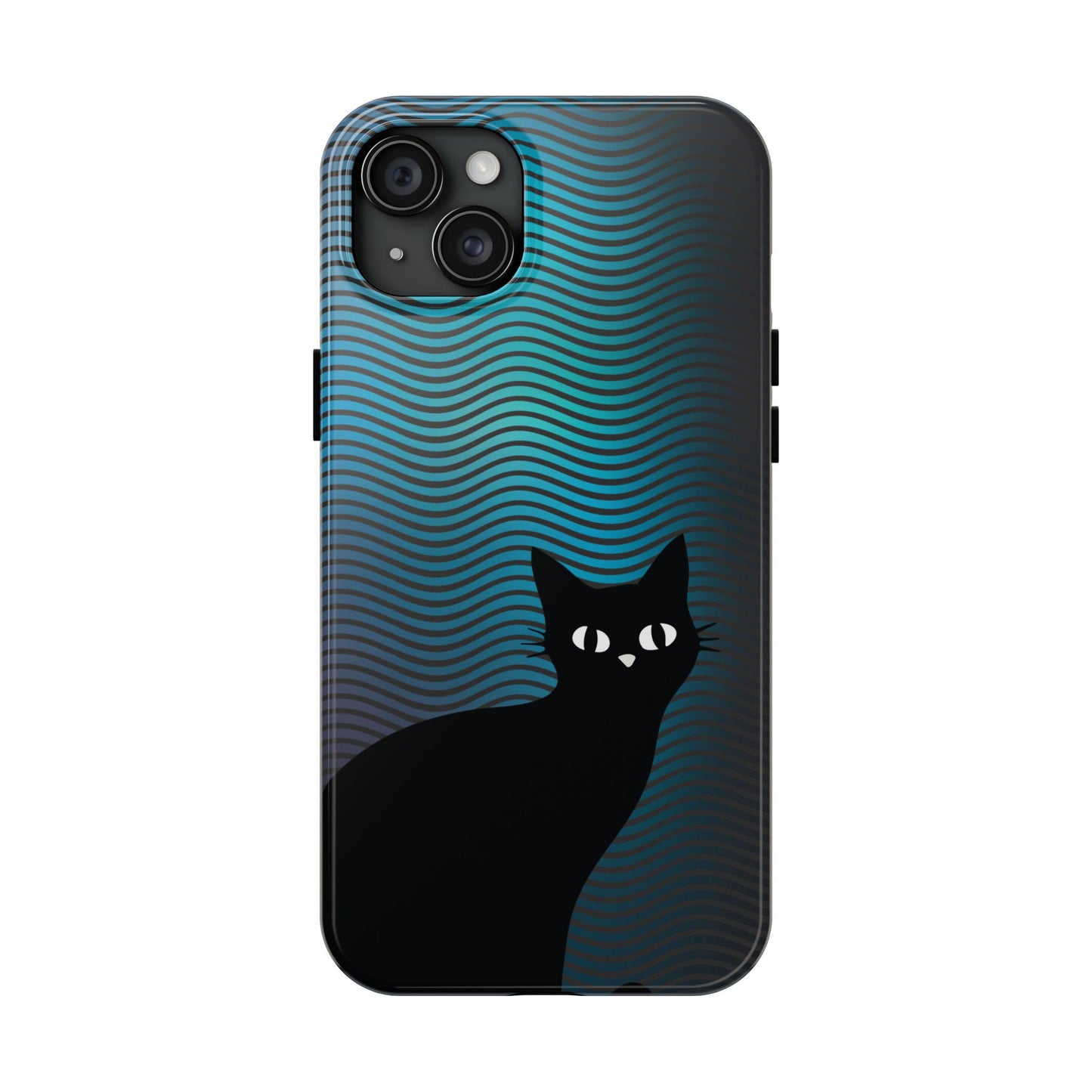 Black Cat Cell Phone Case | Peeking Kitty Graphic on Wavy Teal Background