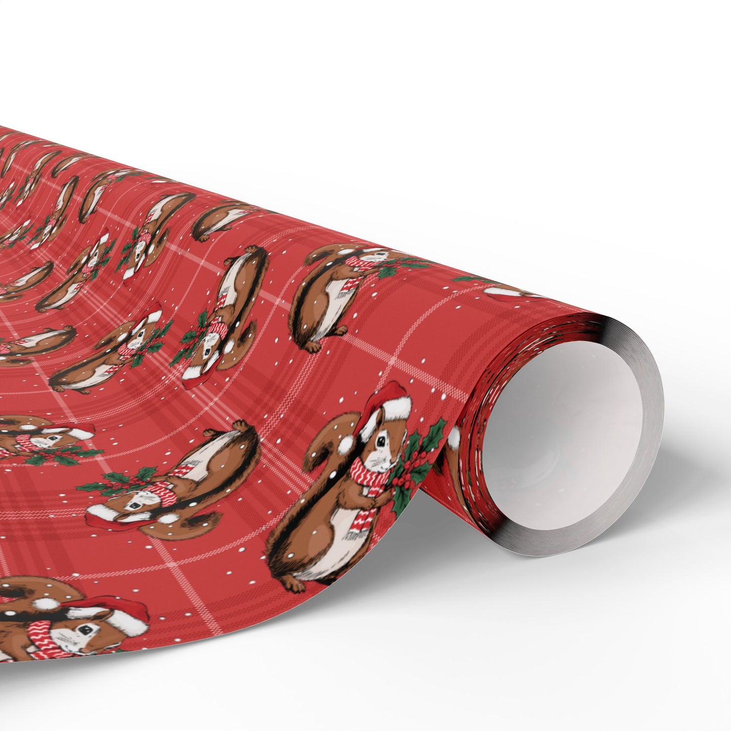 Christmas Squirrel Wrapping Paper, Red Plaid Glossy Holiday Gift Wrap Roll, Xmas Squirrels Festive Winter Gifts Supplies