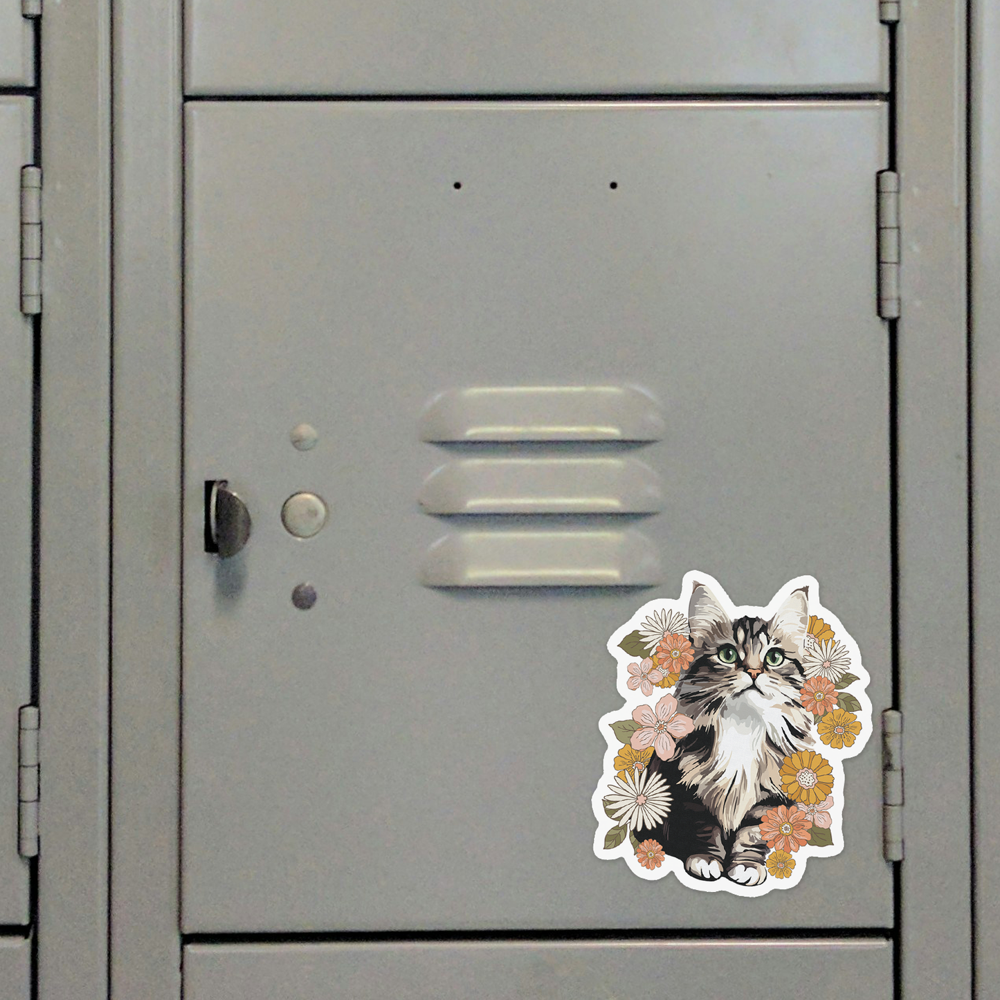 4" Fluffy Kitty In Flowers Sticker - Waterproof, Fade-Resistant Decal Stickers Floral Cat Design