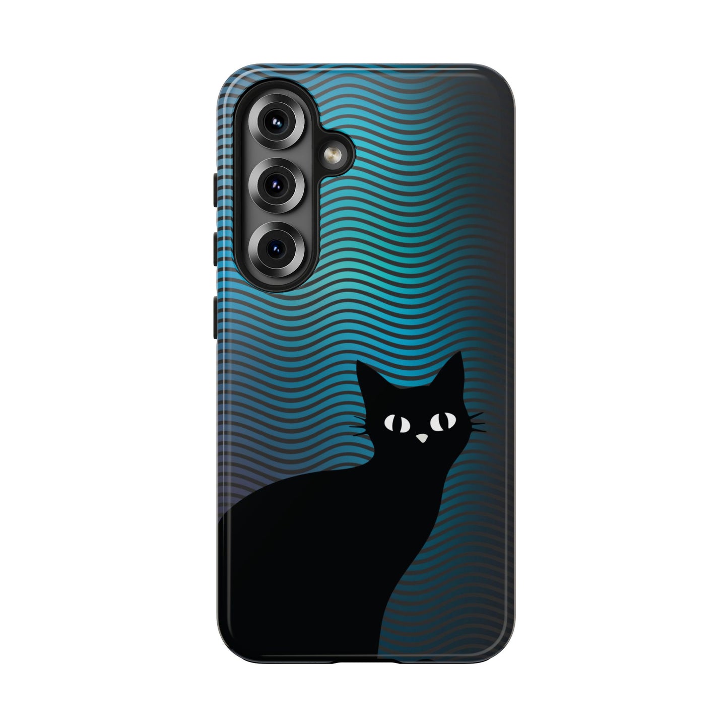 Black Cat Cell Phone Case | Peeking Kitty Graphic on Wavy Teal Background