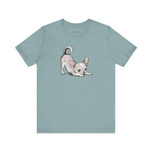 Playful Stretching Chihuahua Dog T-Shirt | Cute Puppy Dogs Illustration Tee, Cotton Chihuahuas Apparel, Pet Owner Shirts