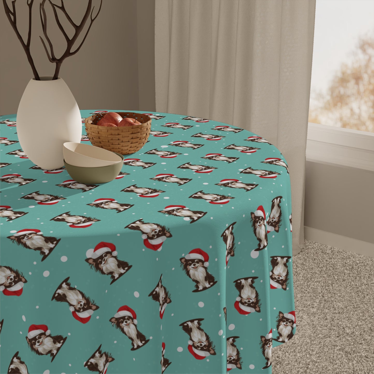 Christmas Long Haired Chihuahua Dog Tablecloth, Holiday Table Decor, Santa Dog Table Cloth, Festive Home Decor, Winter Party Table Setting